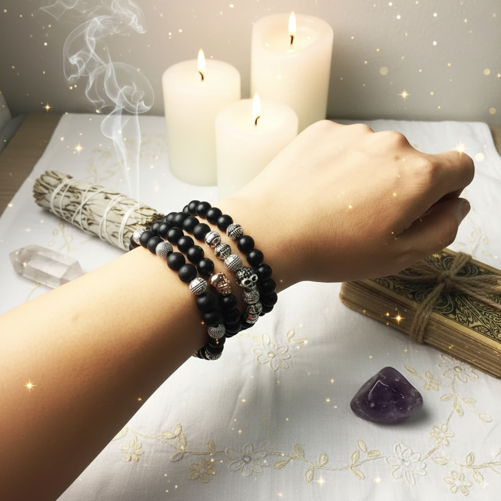 Matte Black Obsidian & Silver Karma Bracelet – 925 Sterling Silver