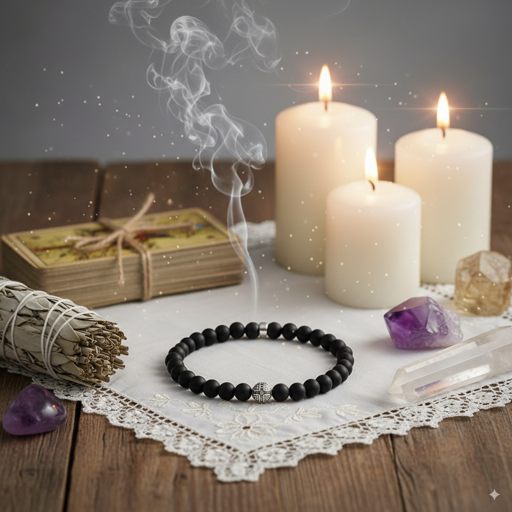 Matte Black Obsidian & Silver Karma Bracelet – 925 Sterling Silver