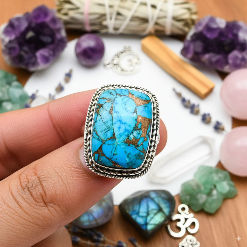 Sacred Manifestation Turquoise Sterling Silver 925 Ring – Sizes 4–20