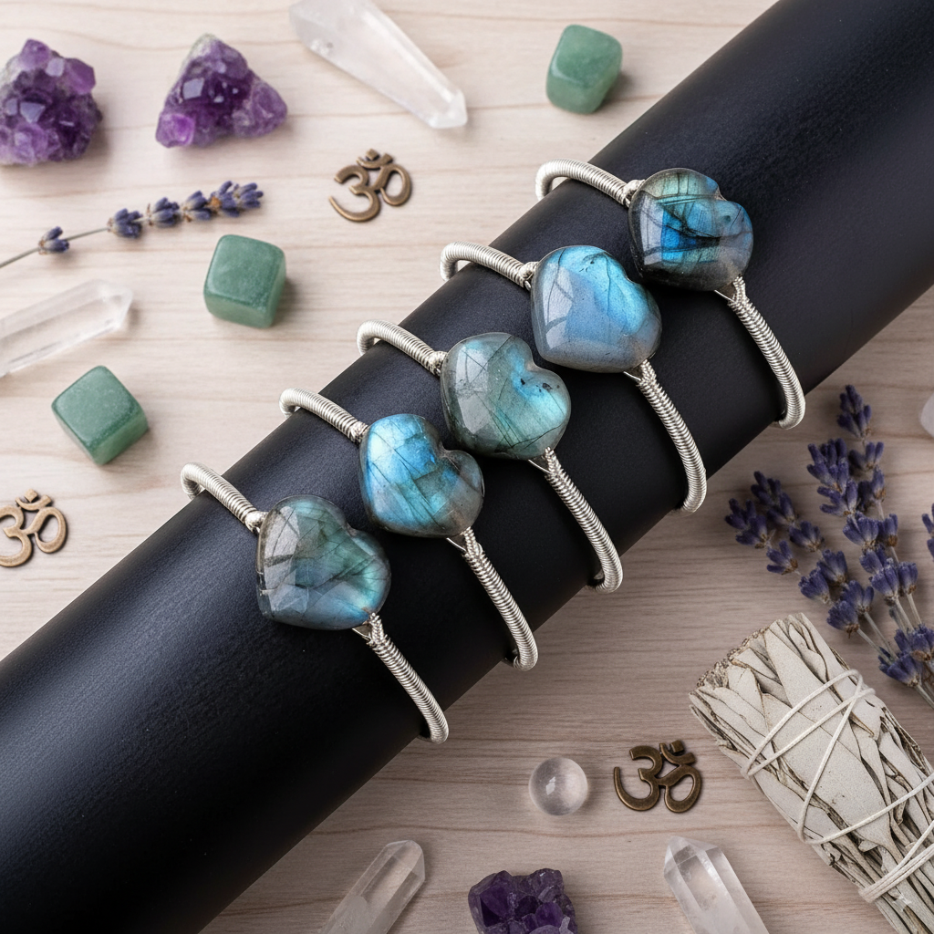Labradorite Heart Crystal Bangle – Manifest Protection, Intuition & Transformation Bracelet