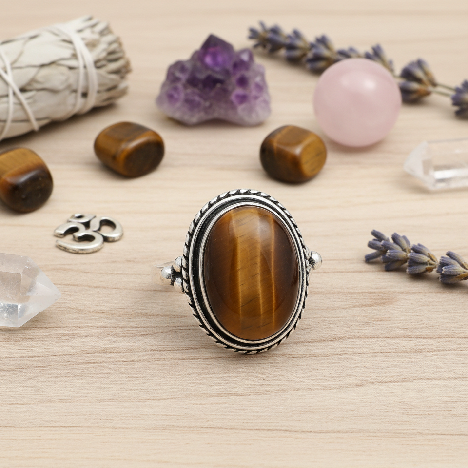 Manifest Courage & Prosperity Tiger’s Eye Sterling Silver 925 Ring – Sizes 4–20