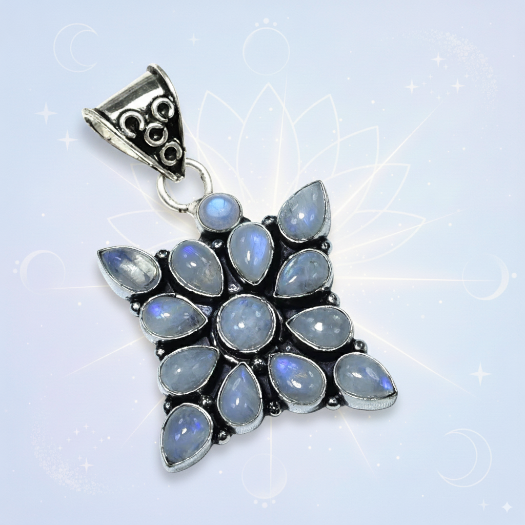 Blue Fire Moonstone Star Pendant – 60 mm Sterling Silver Amulet for Intuition, New Beginnings & Manifestation