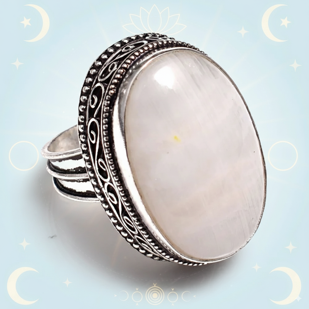 Rainbow Moonstone Manifestation Ring – Size 8 | 18×22 mm Natural Gemstone | 14.22 g Sterling Silver