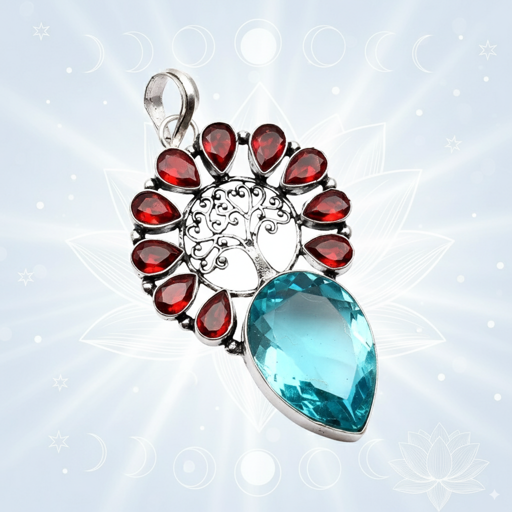 Tree of Life Blue Topaz &amp; Garnet Pendant – Protection, Prosperity &amp; Renewal