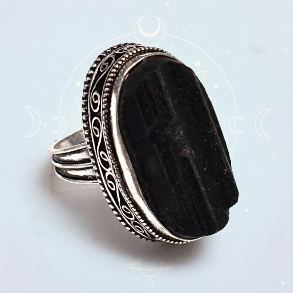 Black Tourmaline Sterling Silver Ring – Grounding & Powerful Protection (Size 7.75)