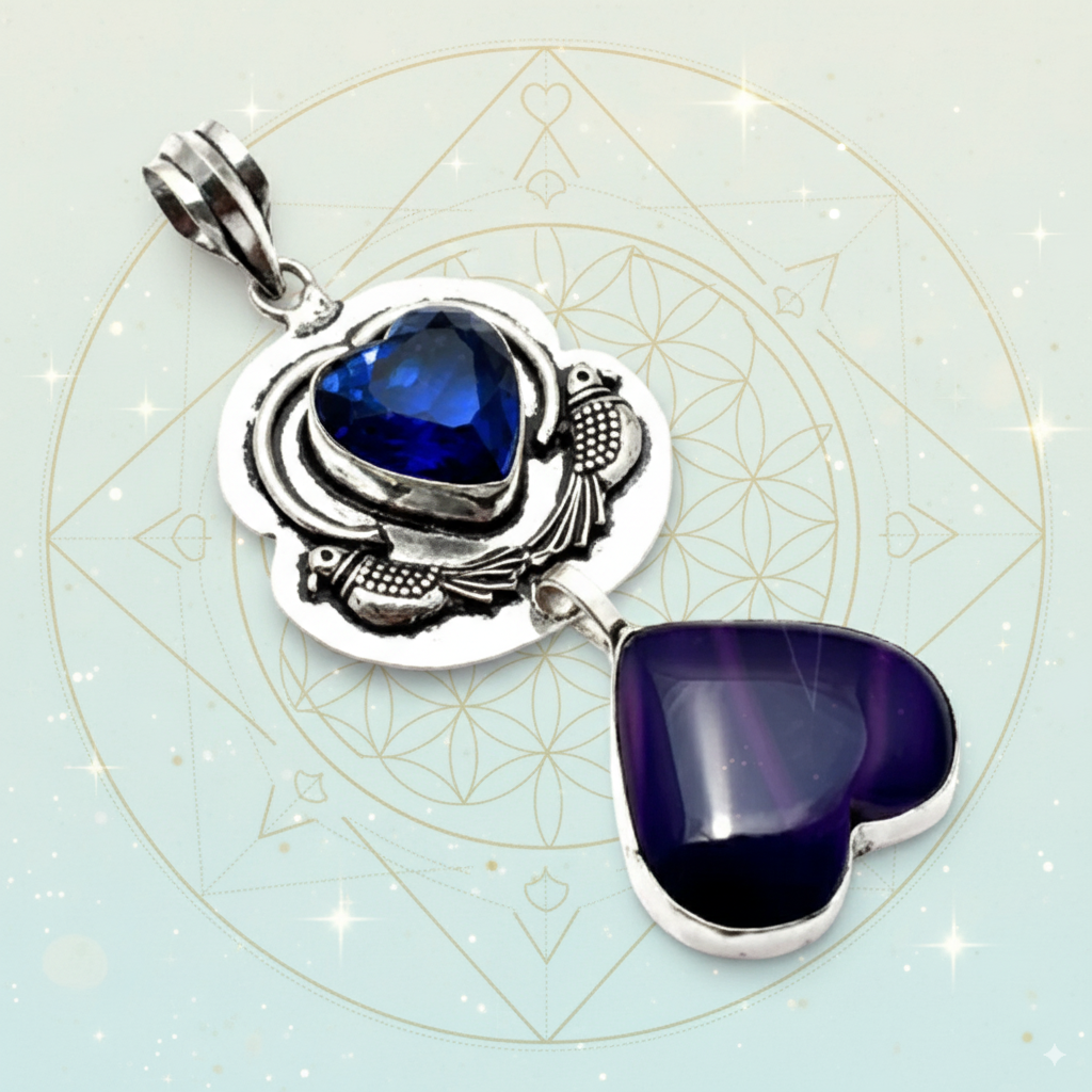 Awaken Your Inner Power: Botswana Agate & Tanzanite Dual Heart Manifestation Pendant
