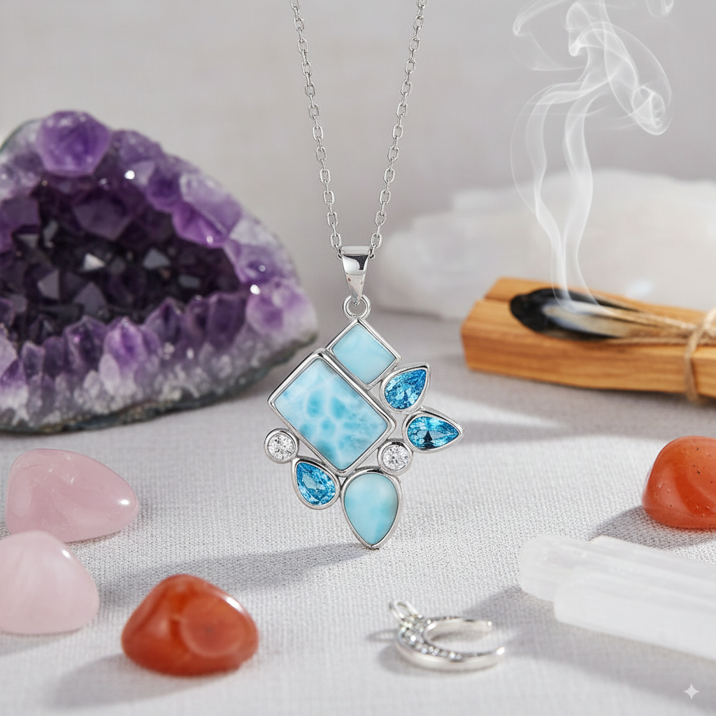 Mystic Tides Larimar Geometry Pendant – 925 Sterling Silver with Platinum Plating for Balance &amp; Manifestation