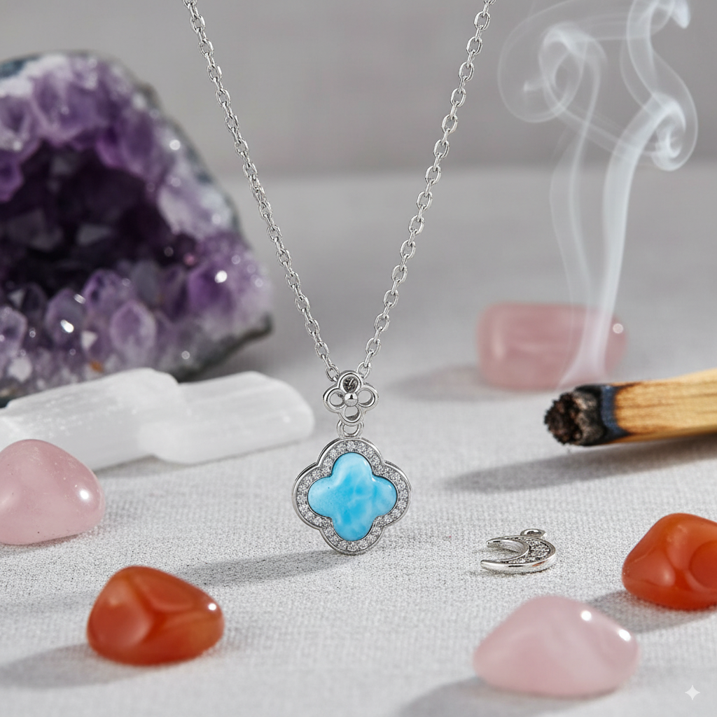 Ocean Aura Larimar Clover Pendant – 925 Sterling Silver with Platinum Plating for Luck & Manifestation