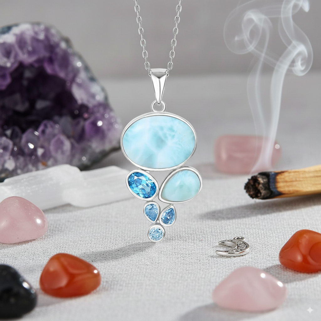 Celestial Cascade Larimar Pendant – 925 Sterling Silver with Platinum Plating for Peace & Manifestation