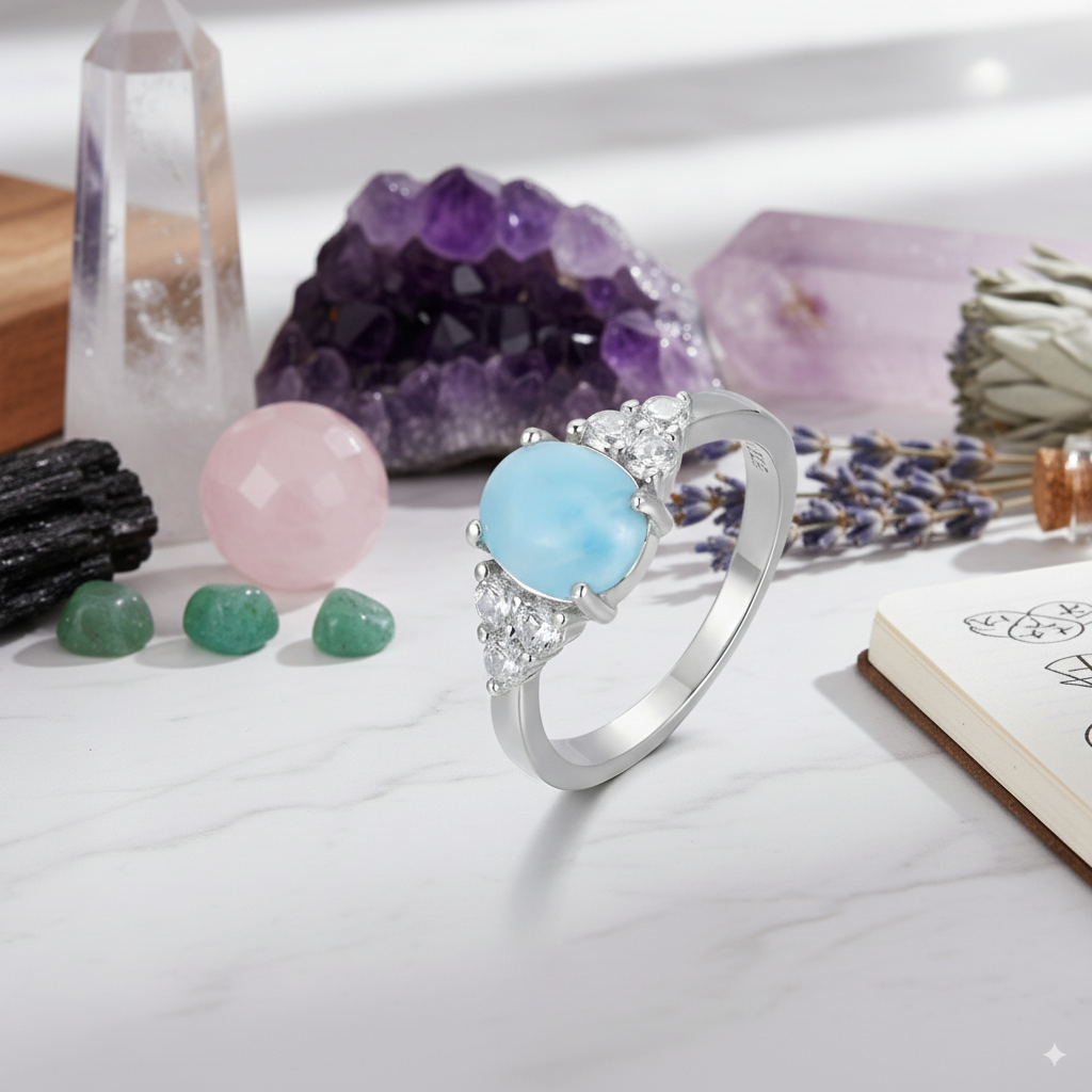 Mystic Ocean Larimar Ring – 925 Sterling Silver with Platinum Plating for Calm &amp; Manifestation