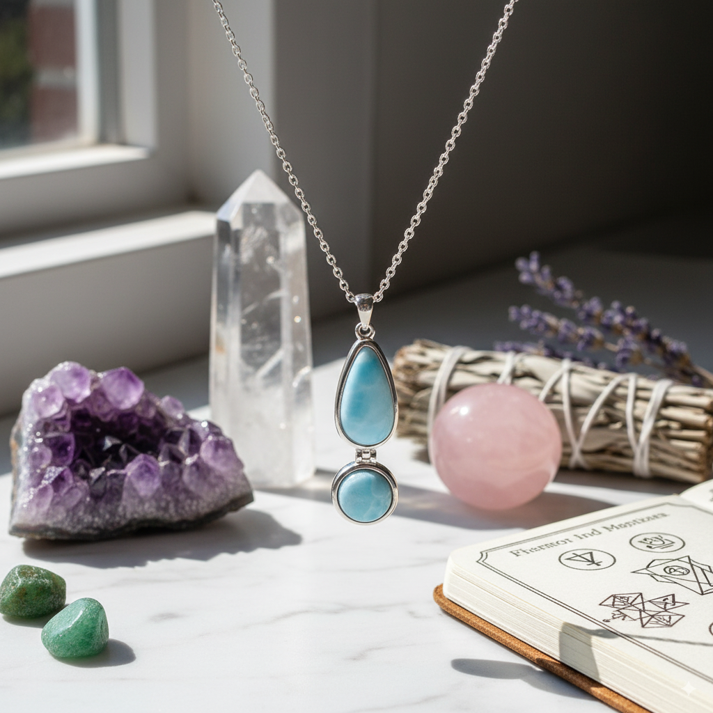 Mystic Ocean Larimar Drop Pendant – 925 Sterling Silver with Platinum Plating for Tranquility &amp; Manifestation