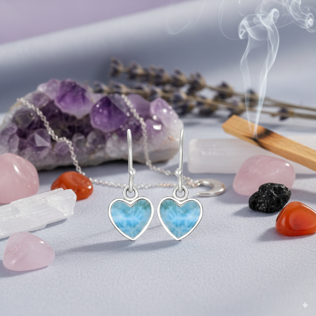 Larimar Heart Drop Earrings – 925 Sterling Silver with Platinum Plating for Love, Calm & Manifestation