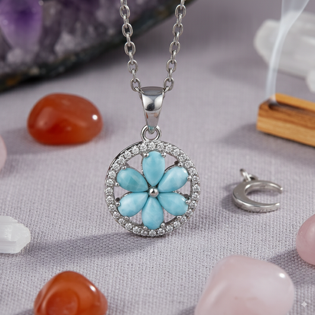 Celestial Bloom Larimar Flower Pendant – 925 Sterling Silver with Platinum Plating for Harmony & Manifestation