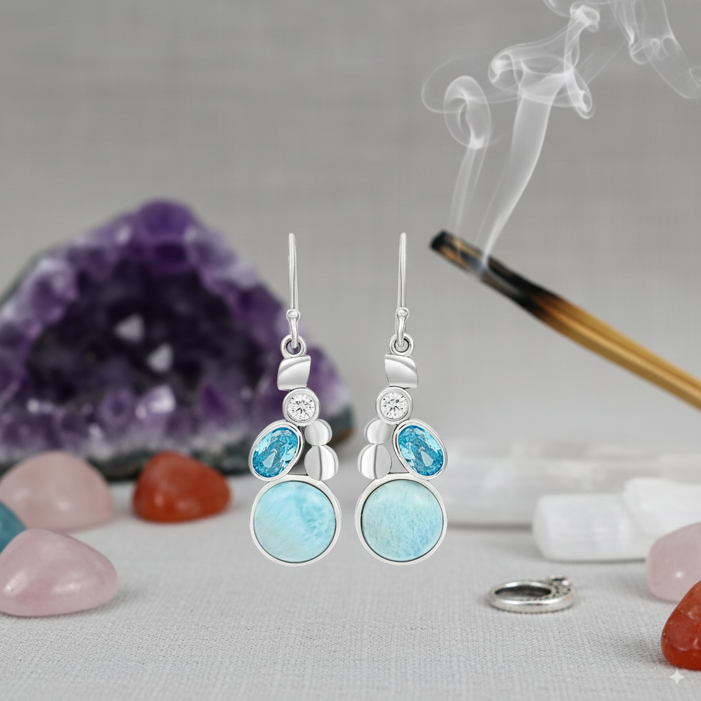 Ocean Whisper Larimar Cascade Earrings – 925 Sterling Silver with Platinum Plating for Serenity &amp; Manifestation