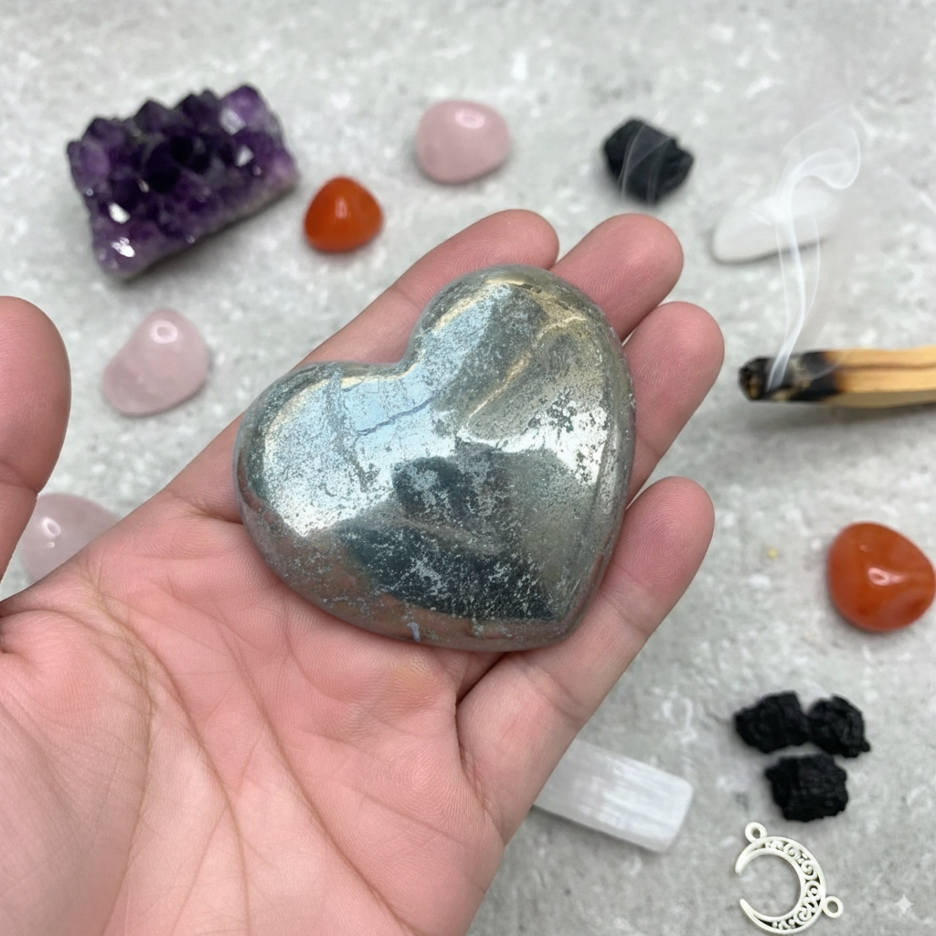 Mystic Heart Pyrite Palm Stone – 40×45 mm | Prosperity & Manifestation Crystal