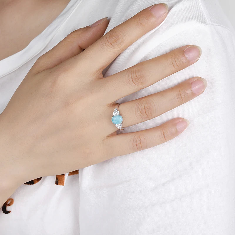Mystic Ocean Larimar Ring – 925 Sterling Silver with Platinum Plating for Calm &amp; Manifestation