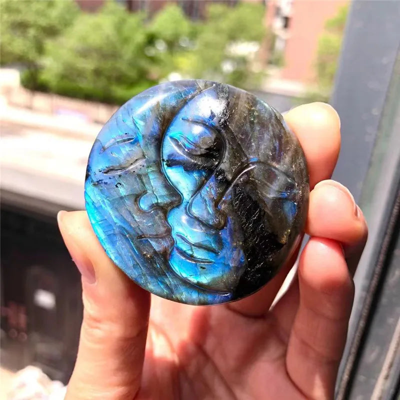 Labradorite Sun & Moon Palm Stone – Hand Carved Natural Blue Flash Crystal for Protection & Spiritual Awakening