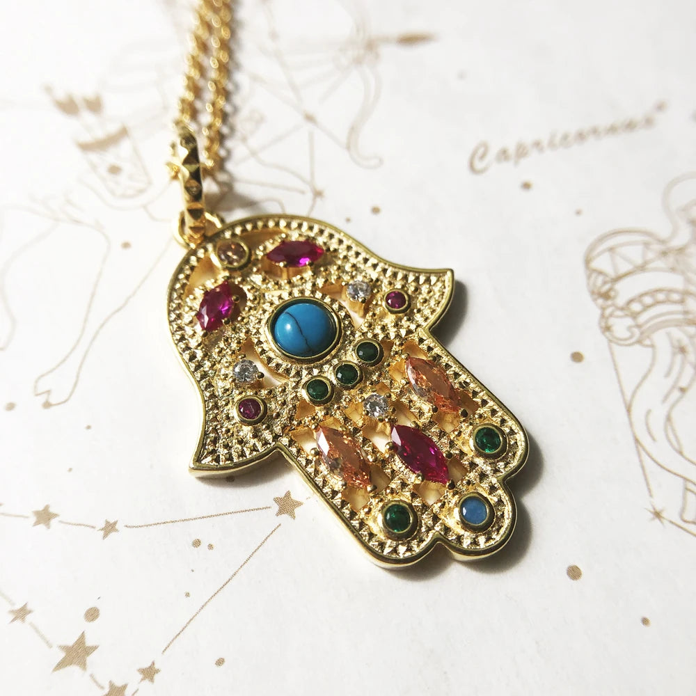 Hand of Fatima Necklace – 18K Gold Plated 925 Sterling Silver with Turquoise & Gem Accents