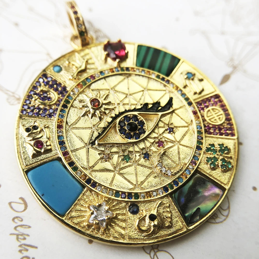 Grand Cosmic Amulet – 18K Gold-Plated 925 Sterling Silver Talisman with Turquoise & Lucky Symbols