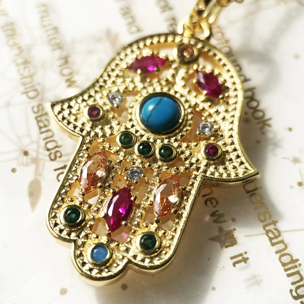 Hand of Fatima Necklace – 18K Gold Plated 925 Sterling Silver with Turquoise & Gem Accents