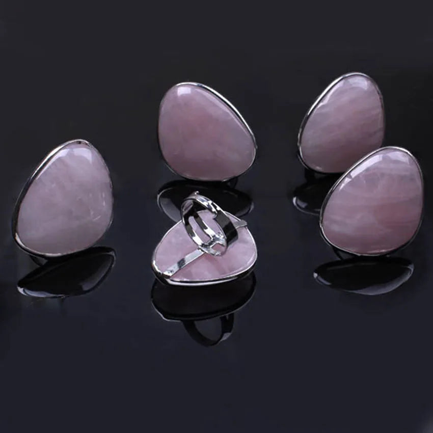 Natural Rose Quartz Adjustable Ring – Healing Crystal of Love & Compassion (Silver Plated)