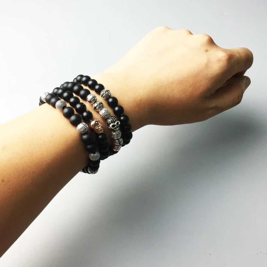 Matte Black Obsidian & Silver Karma Bracelet – 925 Sterling Silver