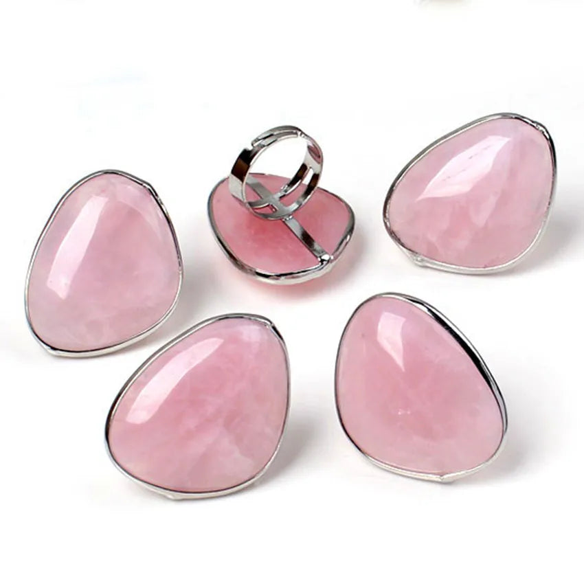 Natural Rose Quartz Adjustable Ring – Healing Crystal of Love & Compassion (Silver Plated)