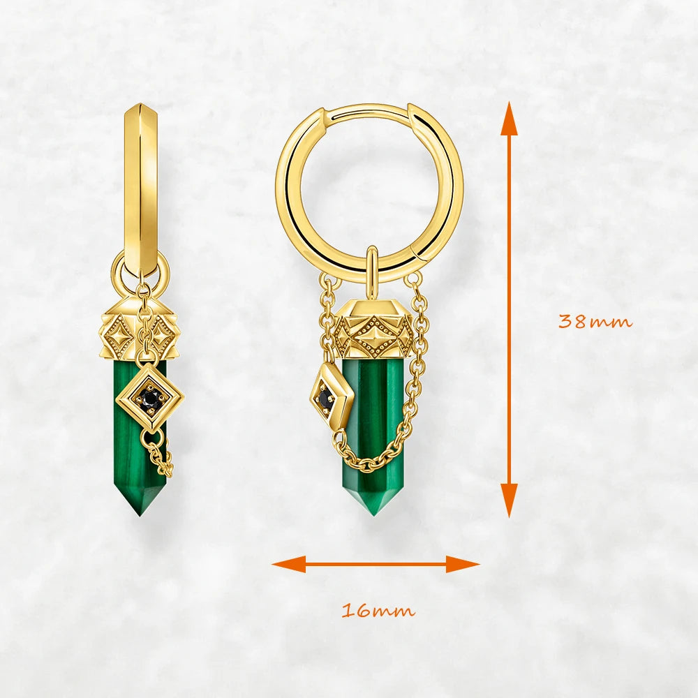 Gold-Plated Hoop Earrings with Green Malachite – 925 Sterling Silver Unisex Jewelry