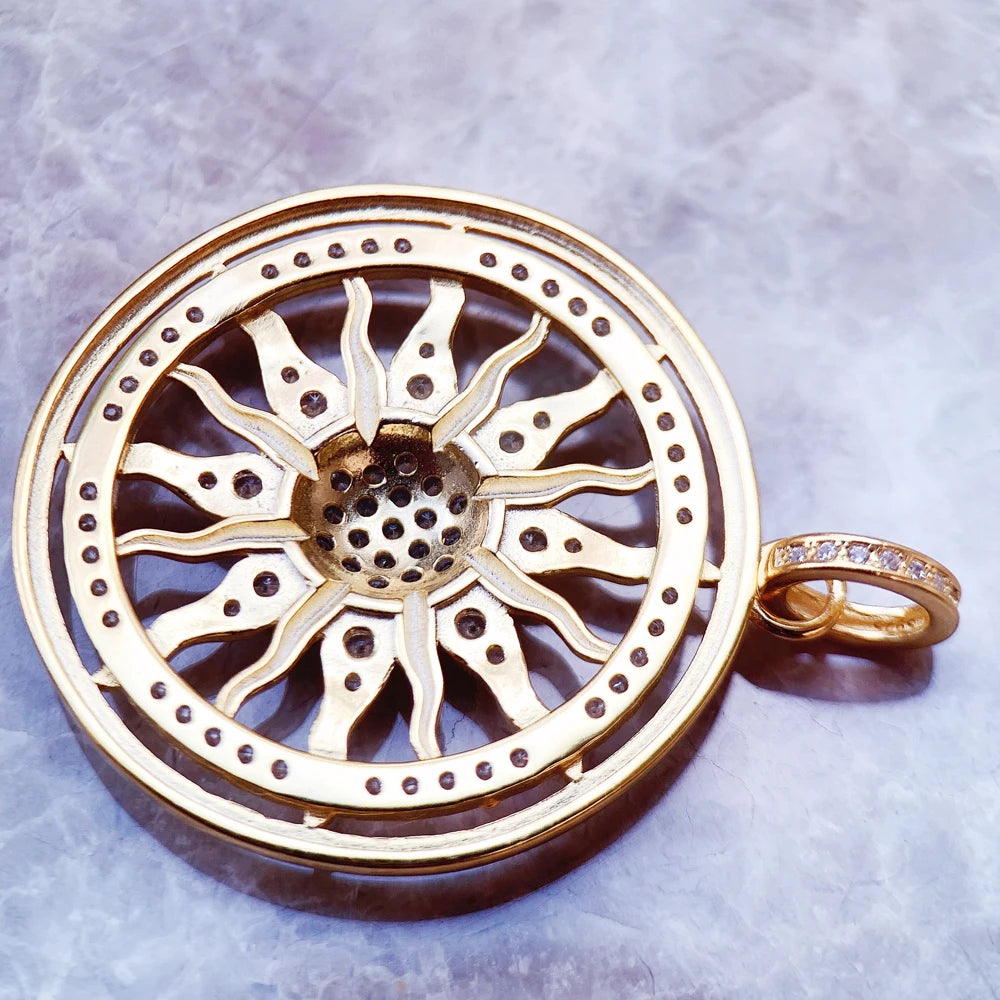 Golden Sun Amulet Pendant – 925 Sterling Silver with Zircon Accents