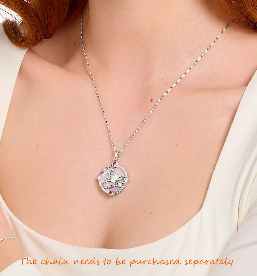 Brie & Marie Pink Heart Planet Pendant – 925 Sterling Silver Cosmic Talisman with Enamel & Zircon