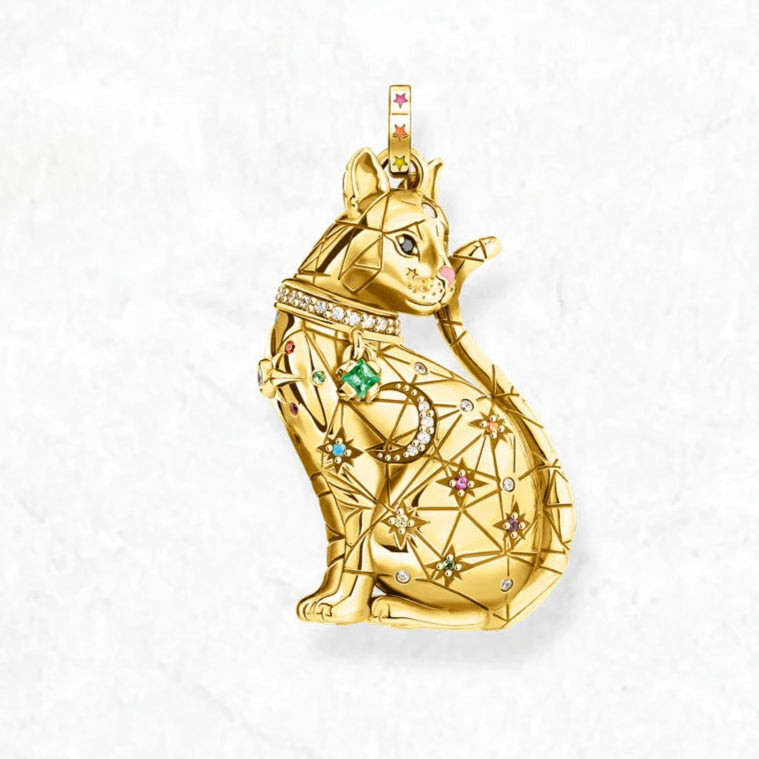 Celestial Cat Pendant – 925 Sterling Silver with Gold Finish & Multicolor Zircon