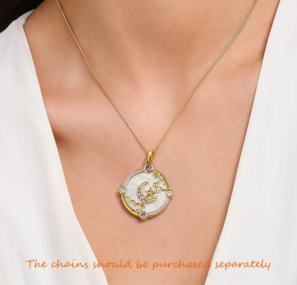 Crescent Moon, Stars & Clouds Pendant – 925 Sterling Silver with Zircon & Enamel Accents