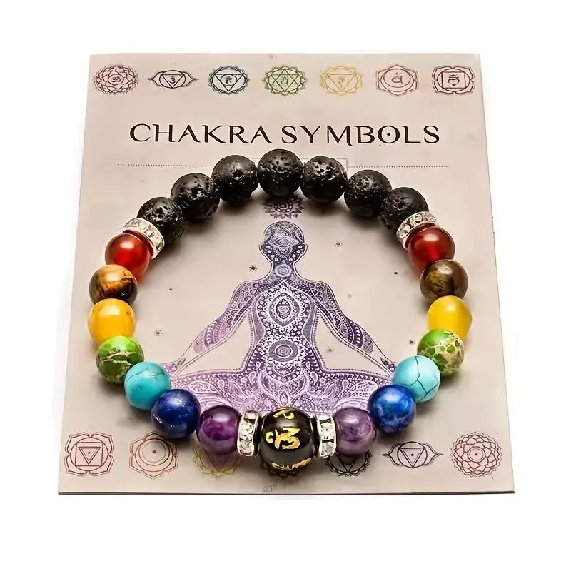 2PCS 7 Chakra Energy Bracelet with Meaning Card – Natural Volcanic Stone Healing Jewelry (Unisex)