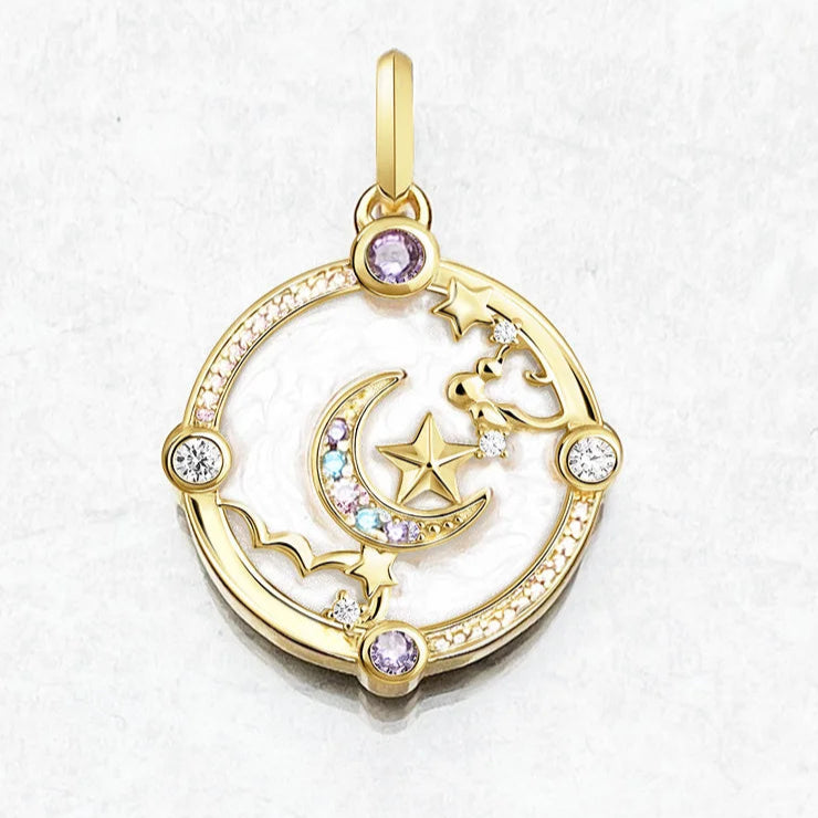 Crescent Moon, Stars & Clouds Pendant – 925 Sterling Silver with Zircon & Enamel Accents