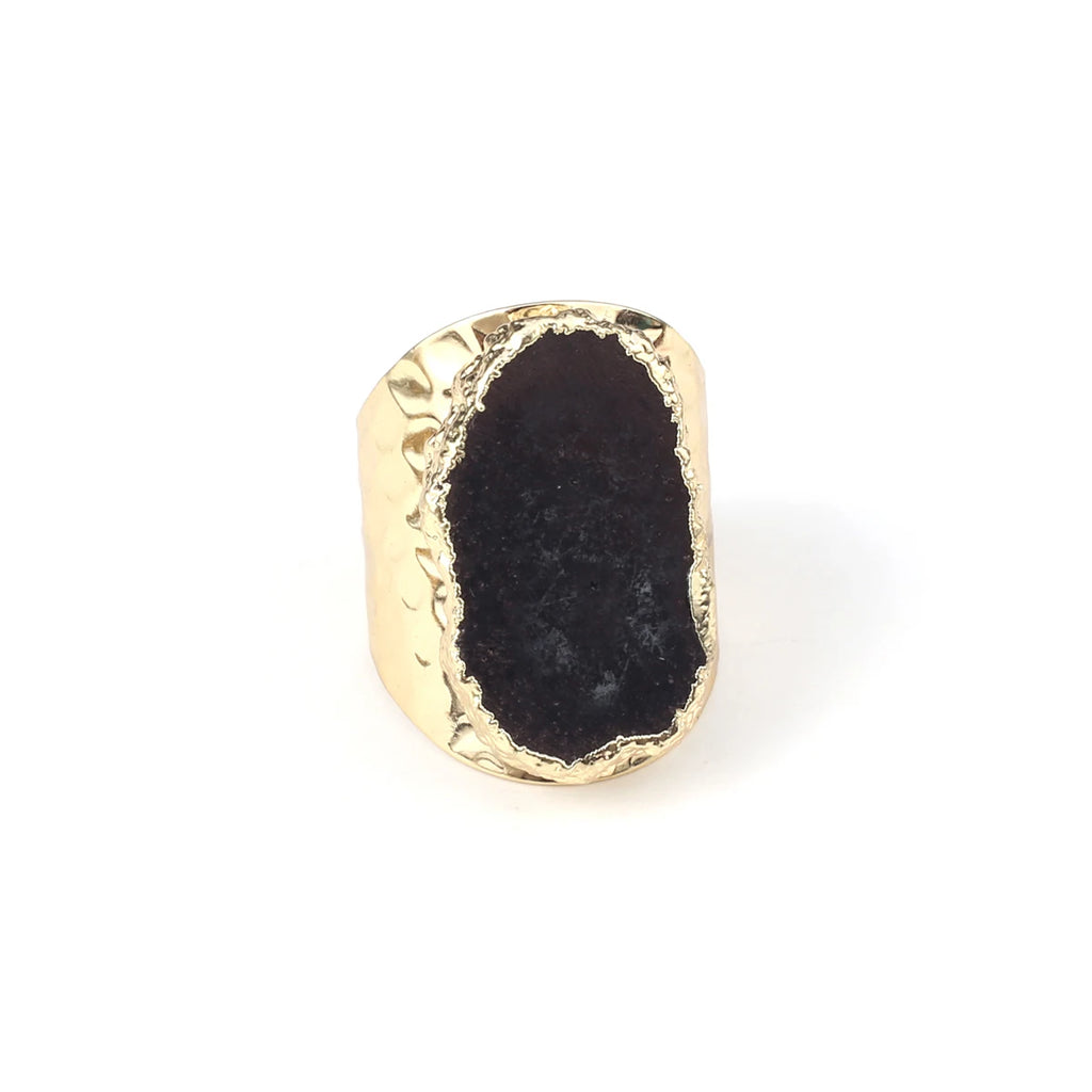 Natural Agate Stone Adjustable Ring – Irregular Crystal Druse with Gold Wrap (Healing Jewelry)