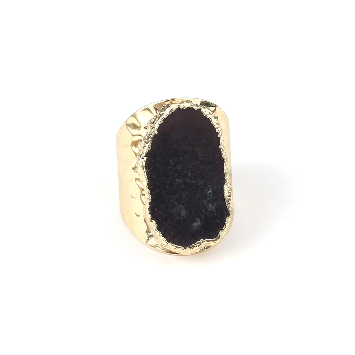 Natural Agate Stone Adjustable Ring – Irregular Crystal Druse with Gold Wrap (Healing Jewelry)