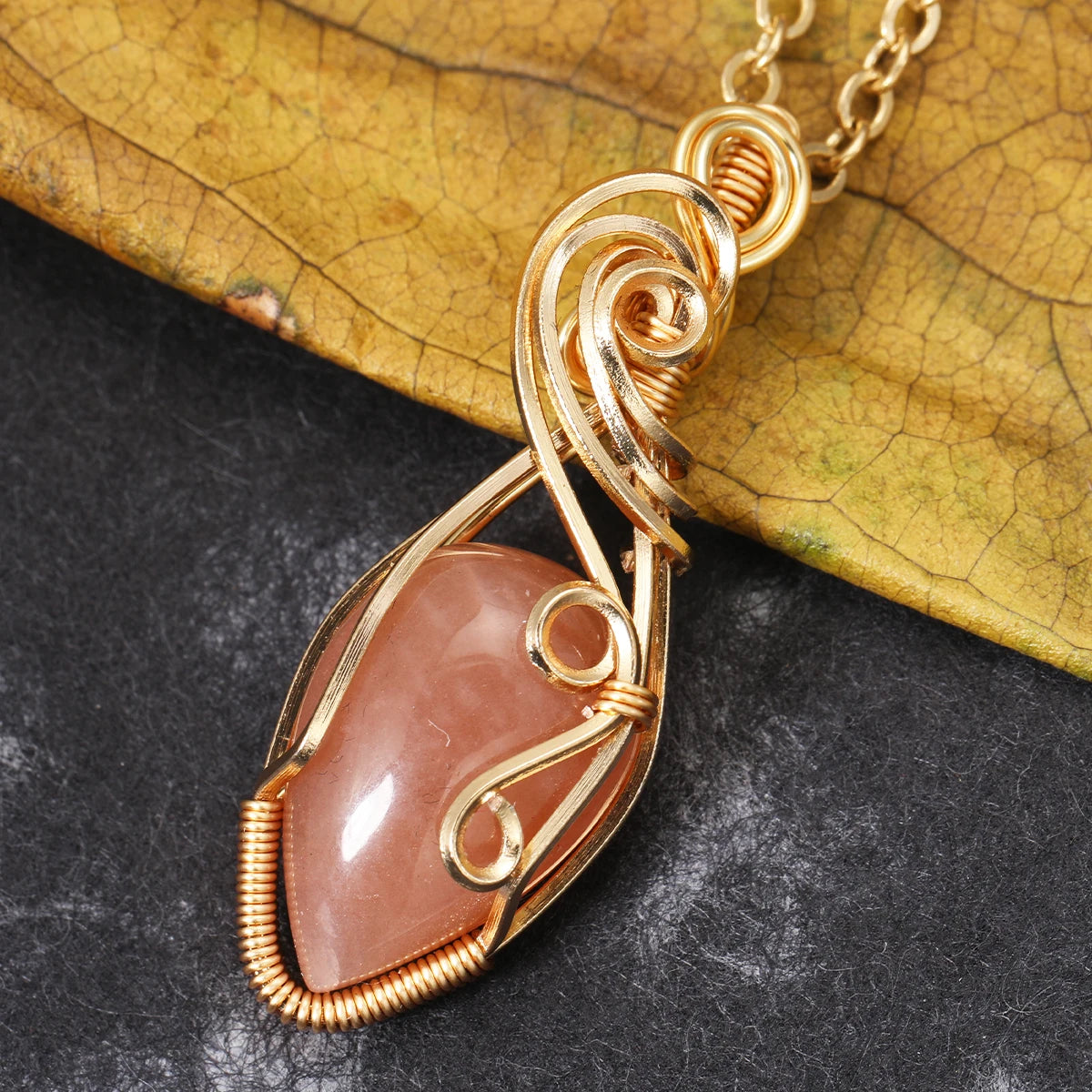 Natural Himalayan Sunstone Pendant – Copper Wire Wrapped Necklace with Chain | Happiness, Freedom & Abundance Crystal Jewelry