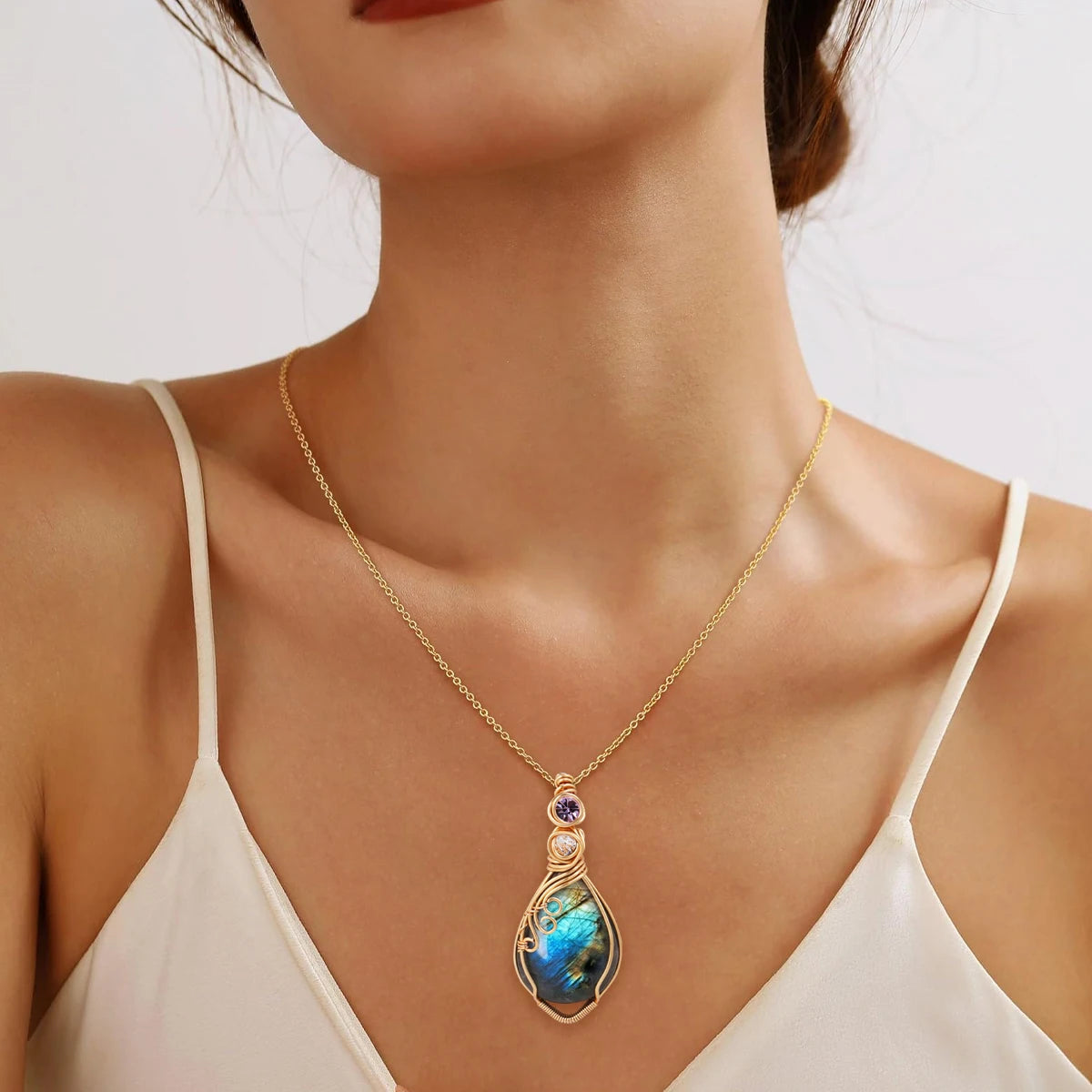 ✨ Labradorite Rainbow Gemstone Pendant – Copper Wire Wrapped Necklace
