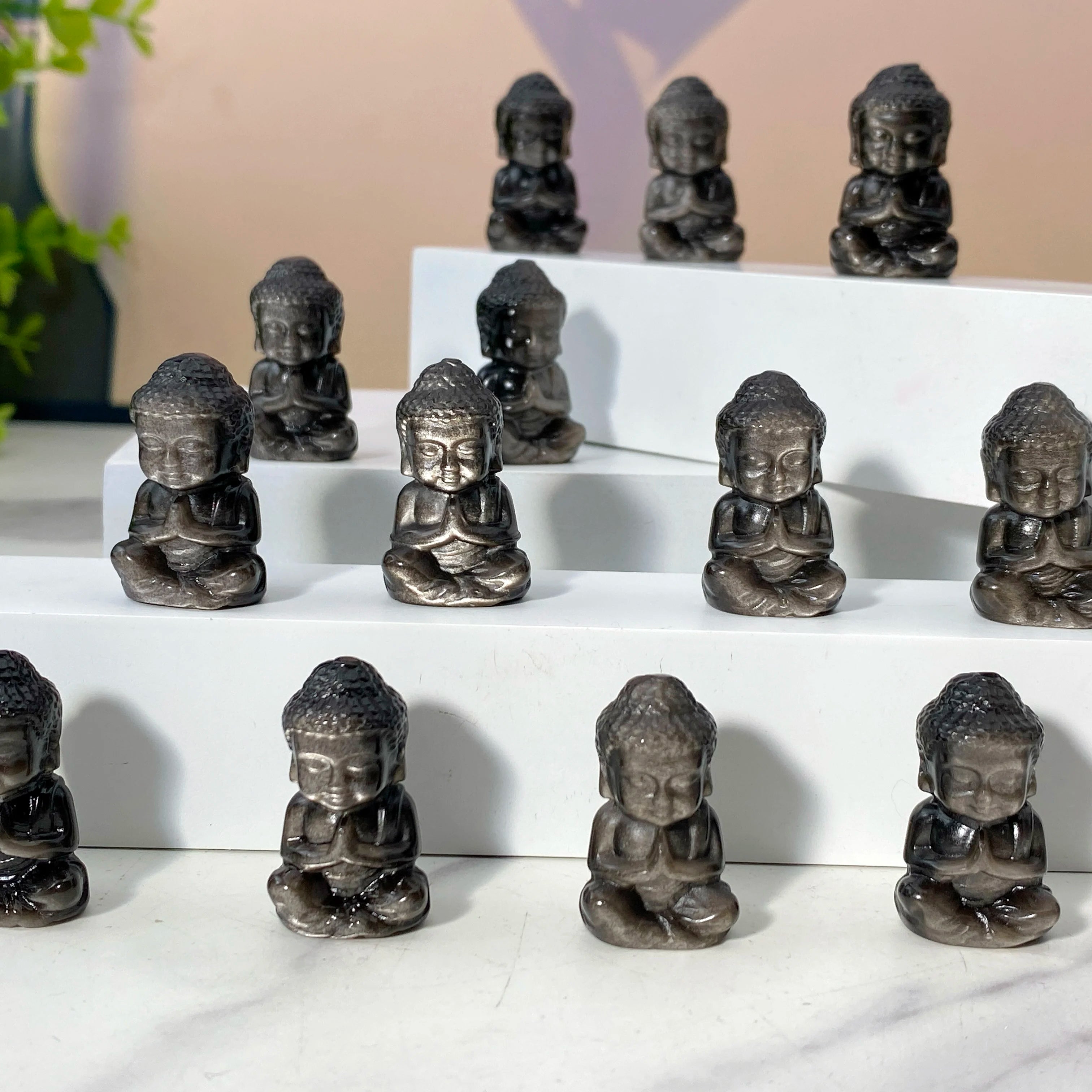 Silver Obsidian Mini Buddha Carving – Handcrafted Crystal Statue (Random 1PC, 1.9–3cm)