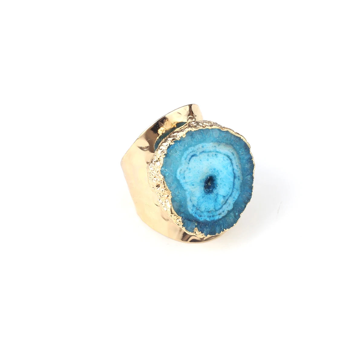 Natural Agate Stone Adjustable Ring – Irregular Crystal Druse with Gold Wrap (Healing Jewelry)