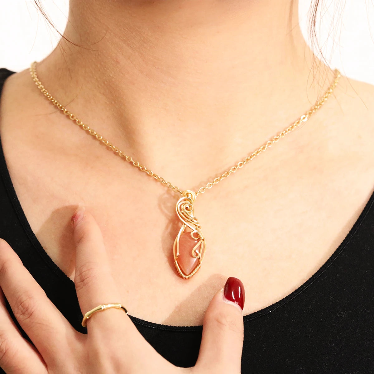 Natural Himalayan Sunstone Pendant – Copper Wire Wrapped Necklace with Chain | Happiness, Freedom & Abundance Crystal Jewelry