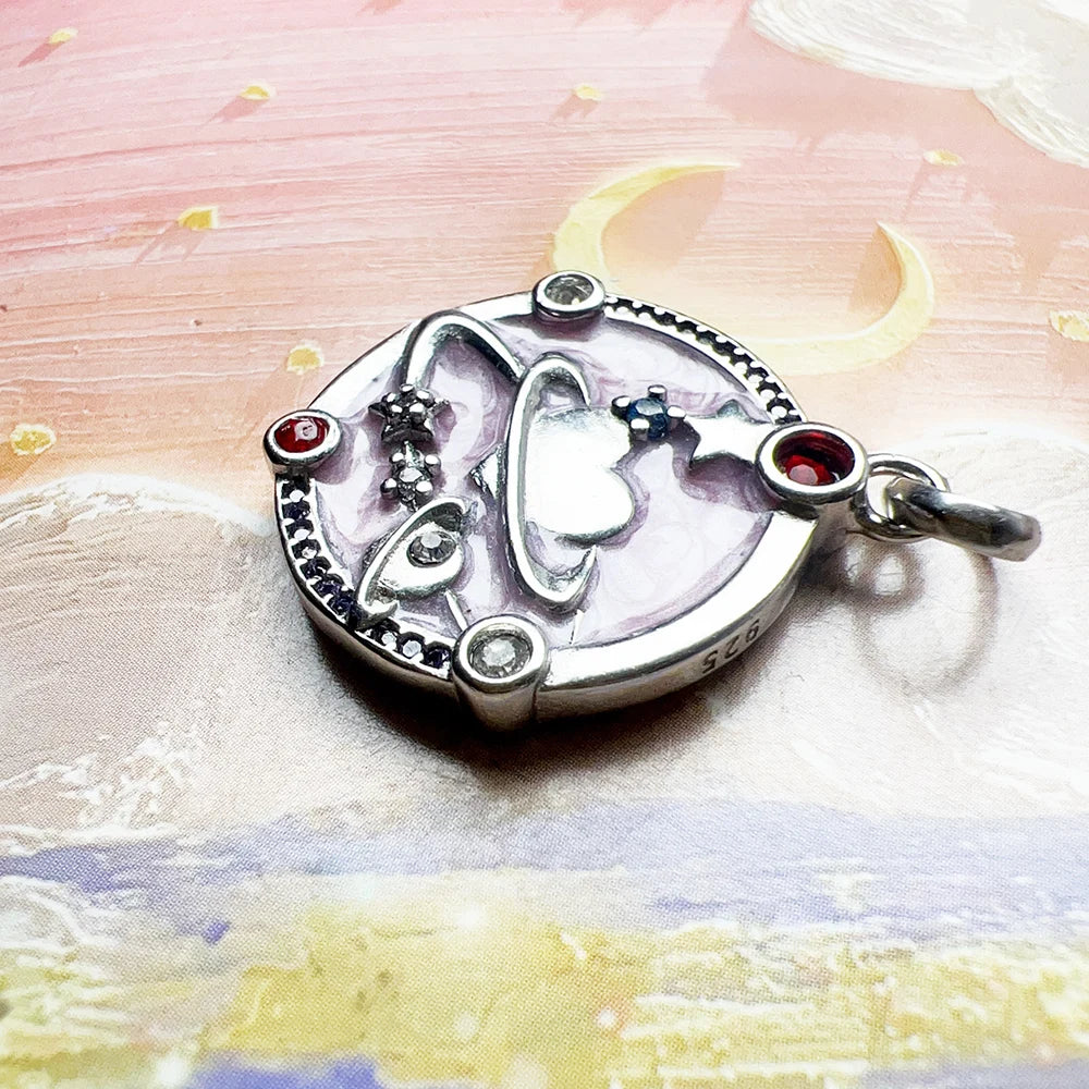 Brie & Marie Pink Heart Planet Pendant – 925 Sterling Silver Cosmic Talisman with Enamel & Zircon