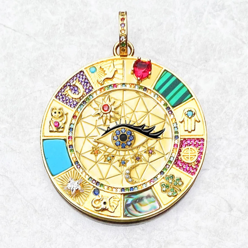 Grand Cosmic Amulet – 18K Gold-Plated 925 Sterling Silver Talisman with Turquoise & Lucky Symbols