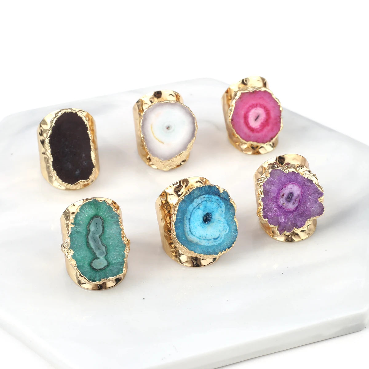 Natural Agate Stone Adjustable Ring – Irregular Crystal Druse with Gold Wrap (Healing Jewelry)
