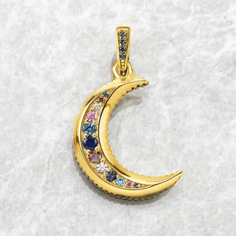 Royal Moon Crescent Pendant – 925 Sterling Silver with Blue Zircon Accents