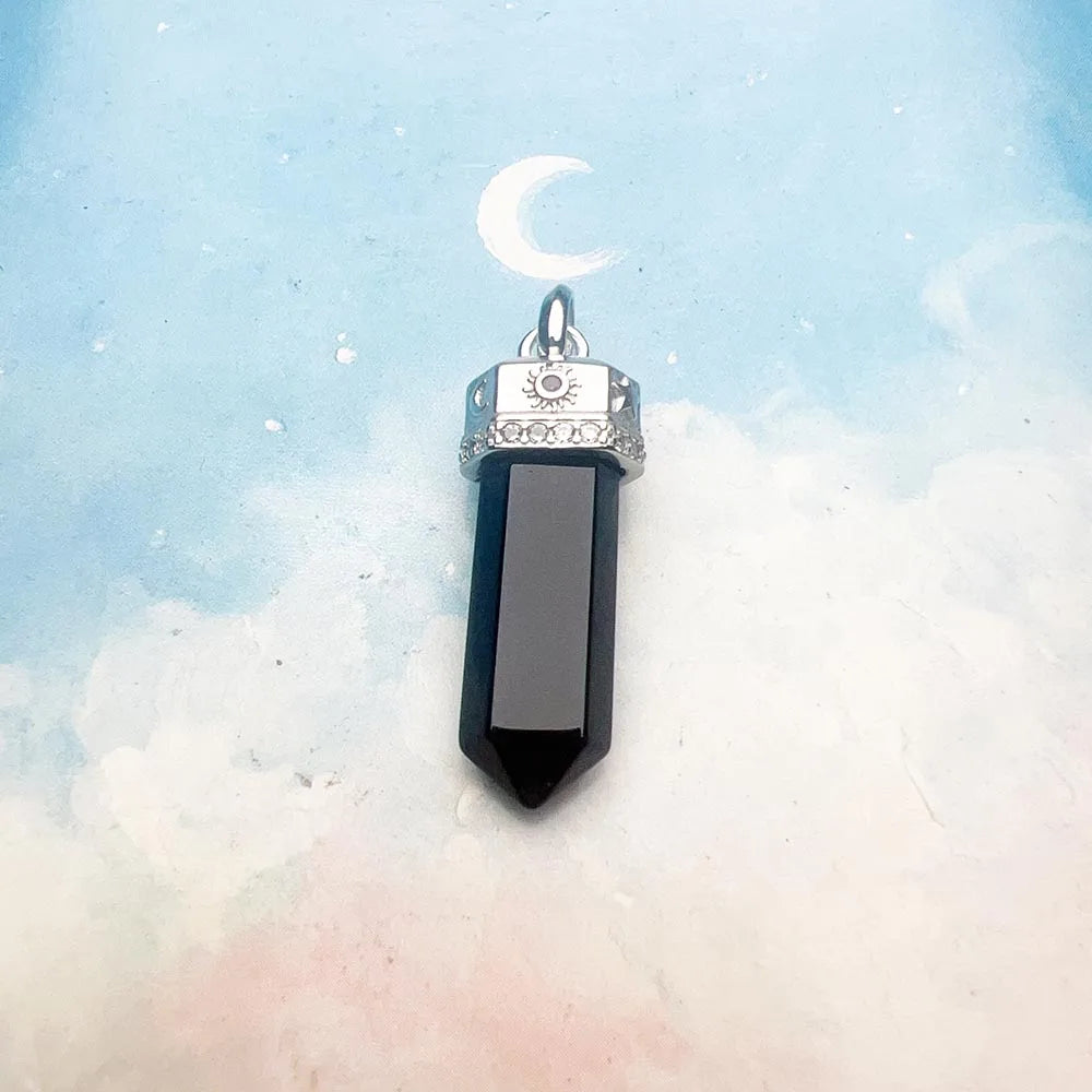 Black Onyx Hexagon Cosmic Pendant – 925 Sterling Silver with Engraved Celestial Symbols