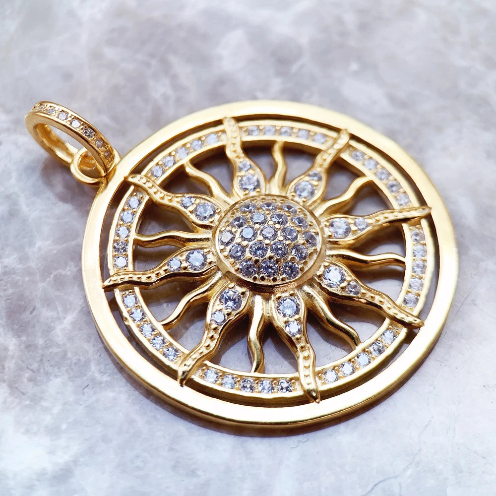Golden Sun Amulet Pendant – 925 Sterling Silver with Zircon Accents