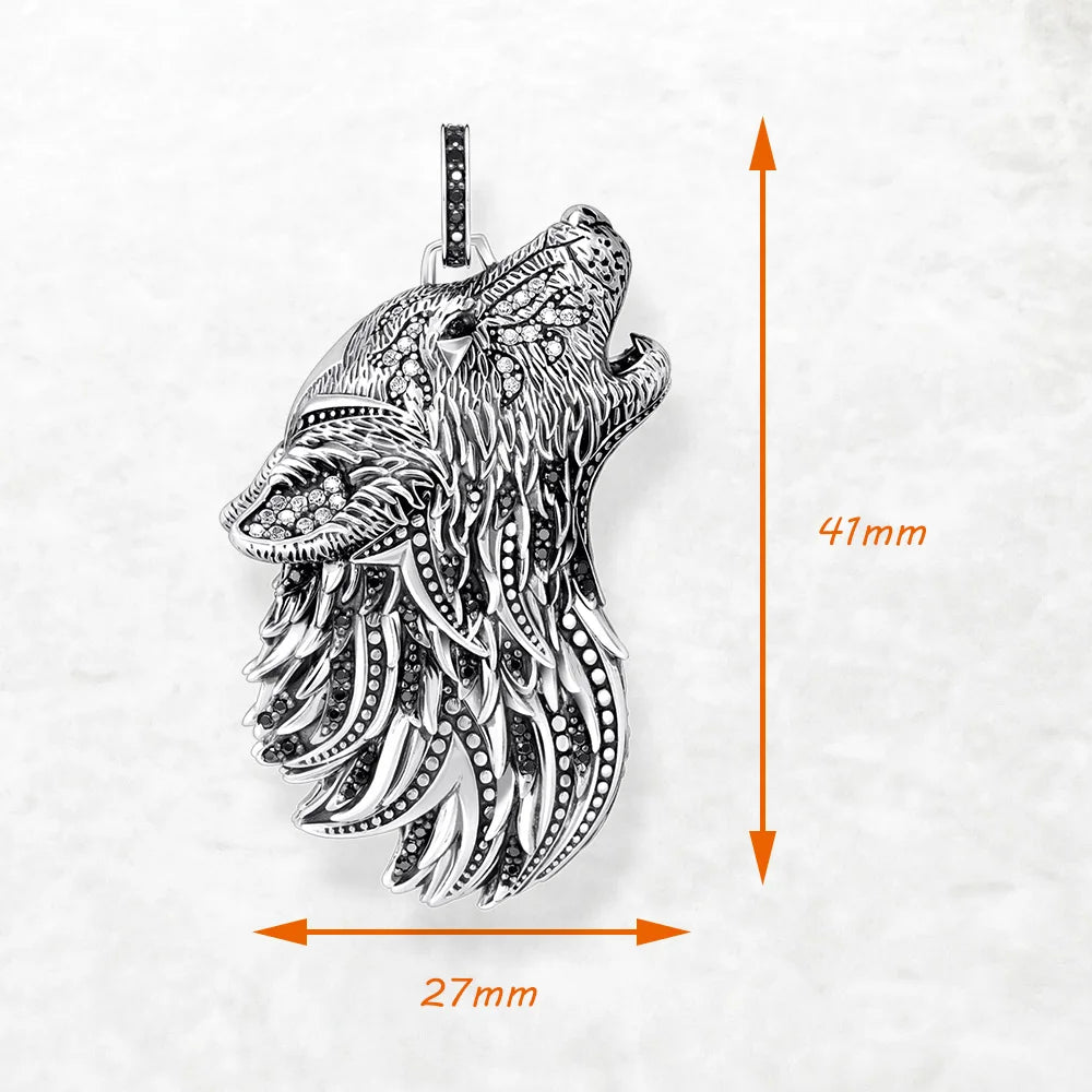 Howling Wolf Pendant – 925 Sterling Silver with Zircon Accents (Unisex)