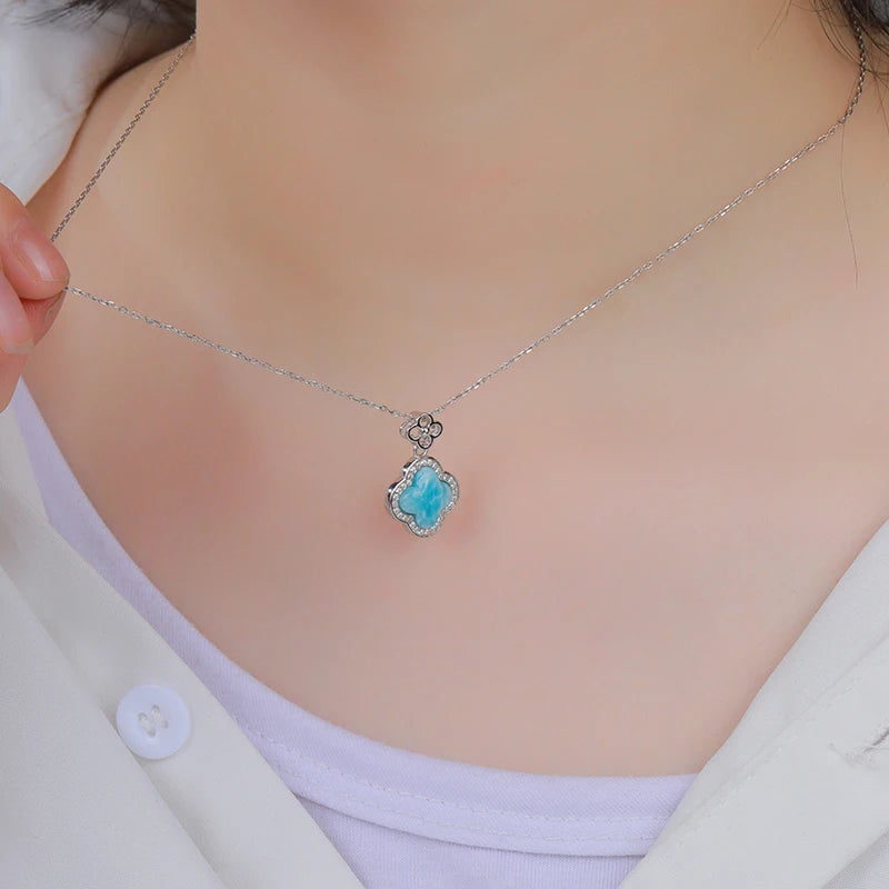 Ocean Aura Larimar Clover Pendant – 925 Sterling Silver with Platinum Plating for Luck & Manifestation