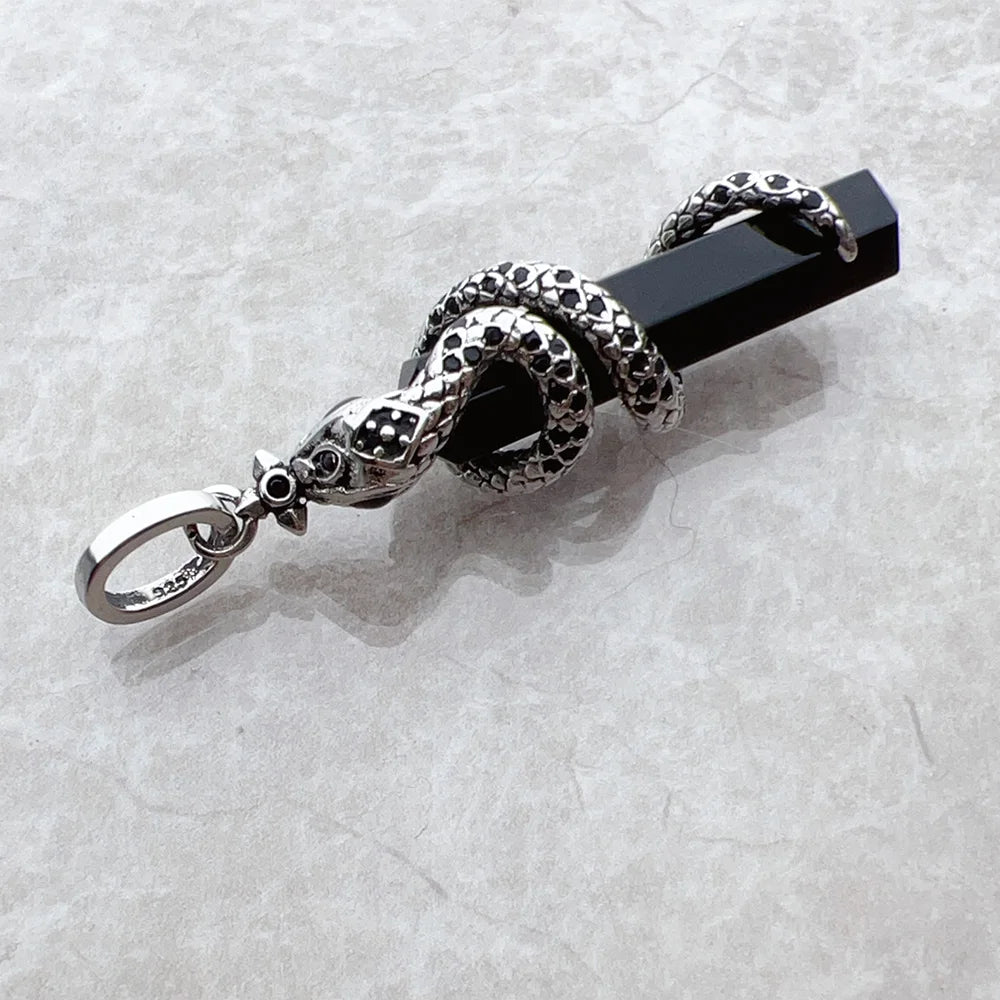 Mystical Snake & Black Onyx Pendant – 925 Sterling Silver Hexagon Crystal Necklace
